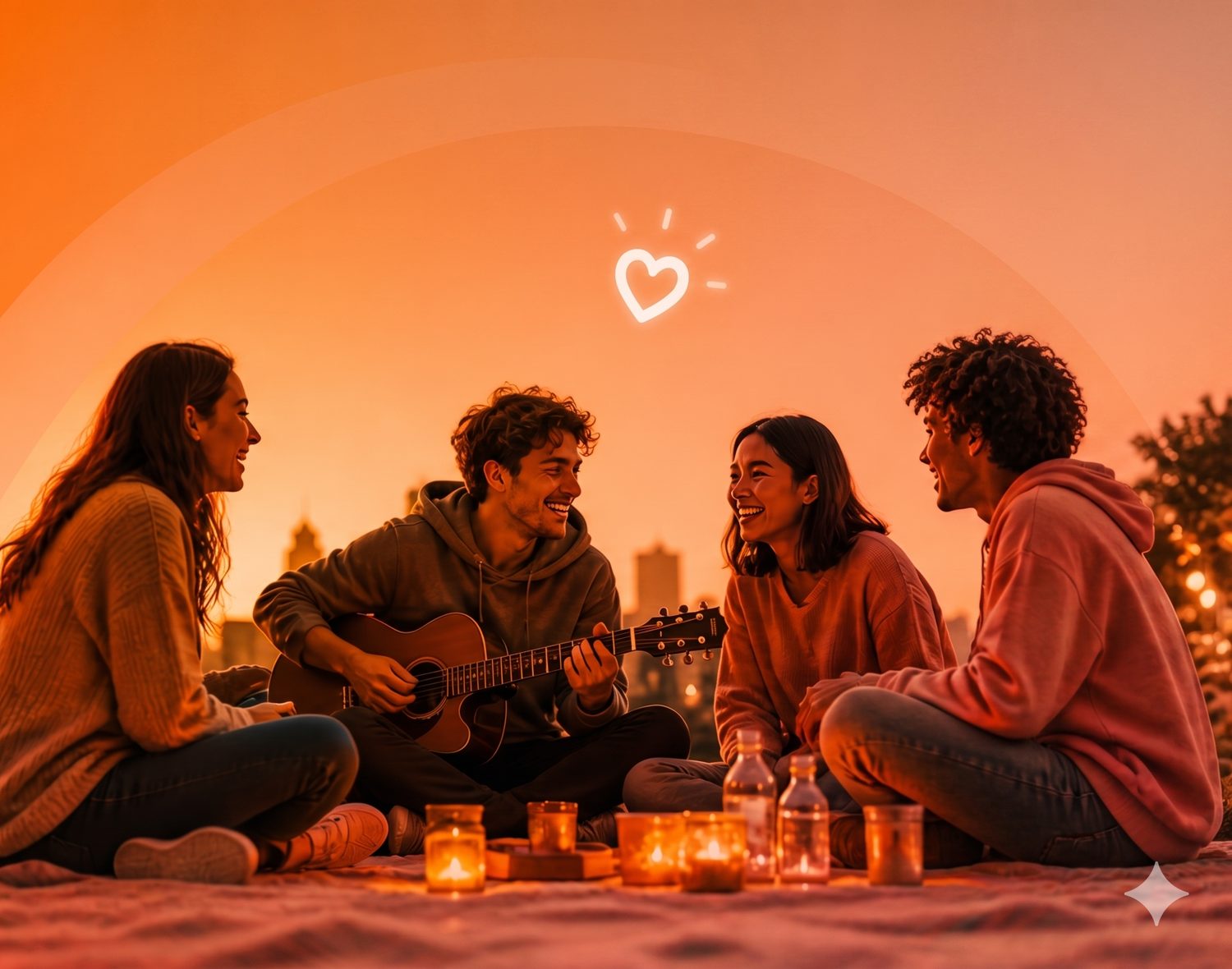 Four friends sitting on a blanket at sunset, one playing guitar, a city skyline behind them.